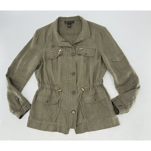 INC International Concepts Green 100% Linen Military Style Jacket Sz M Preppy - Picture 1 of 10